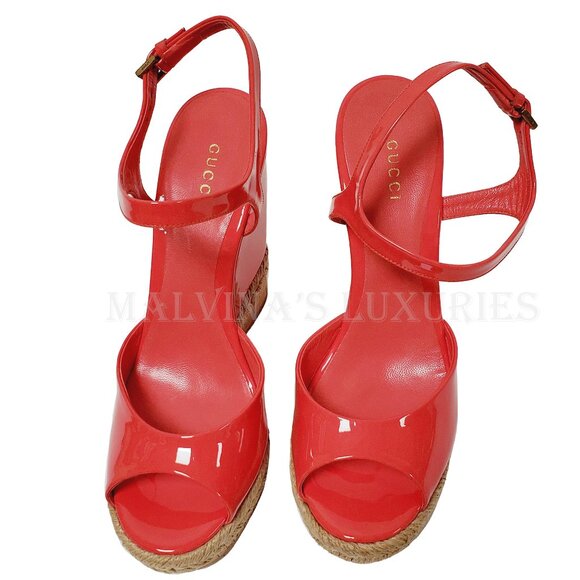 GUCCI SHOES HOLLIE PATENT LEATHER PLATFORM WEDGE ESPADRILLE SANDAL PINK 38.5 8.5 - Picture 8 of 12